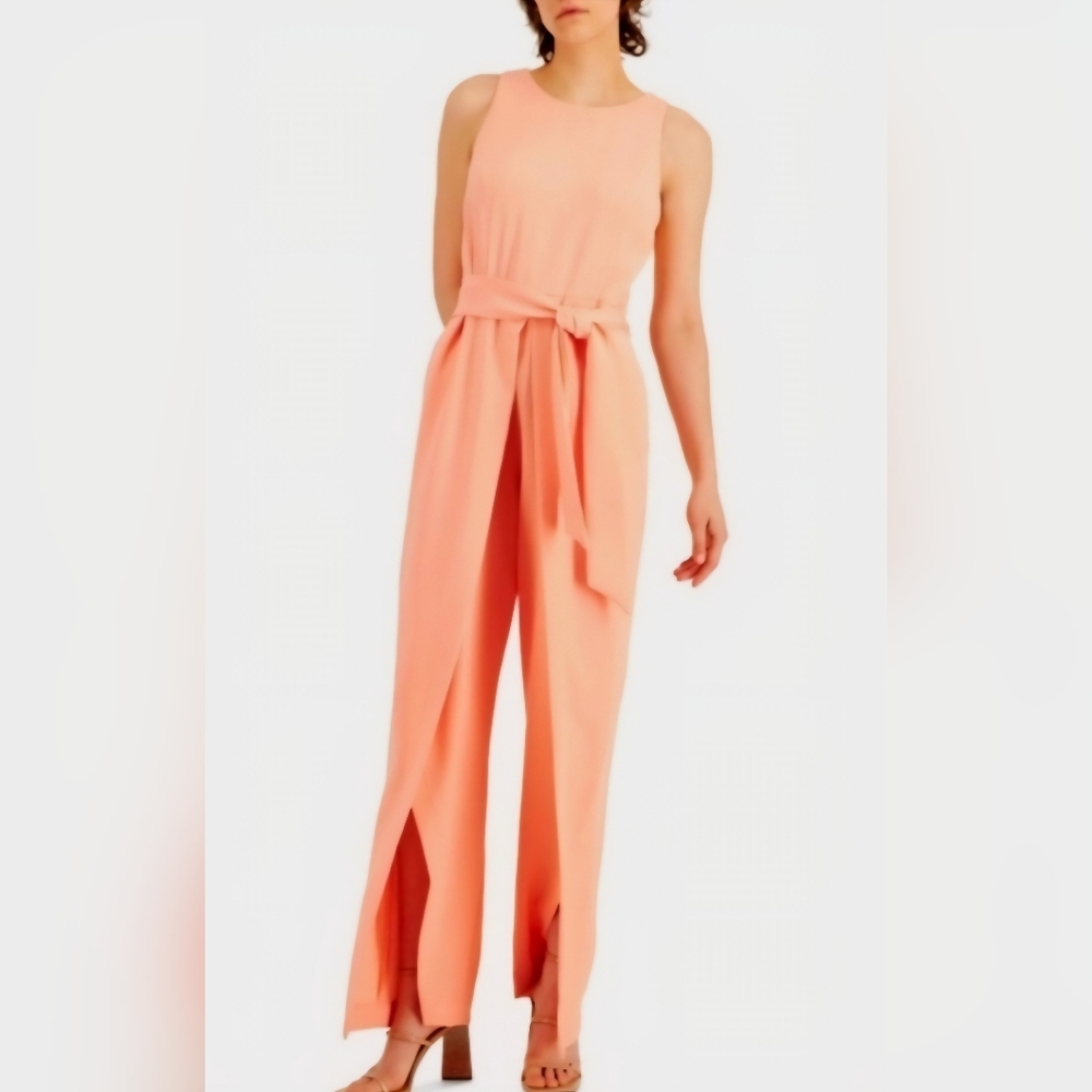 INC International Concepts Coral Jumpsuit with Tie Belt, Pockets, NWT, Size 4